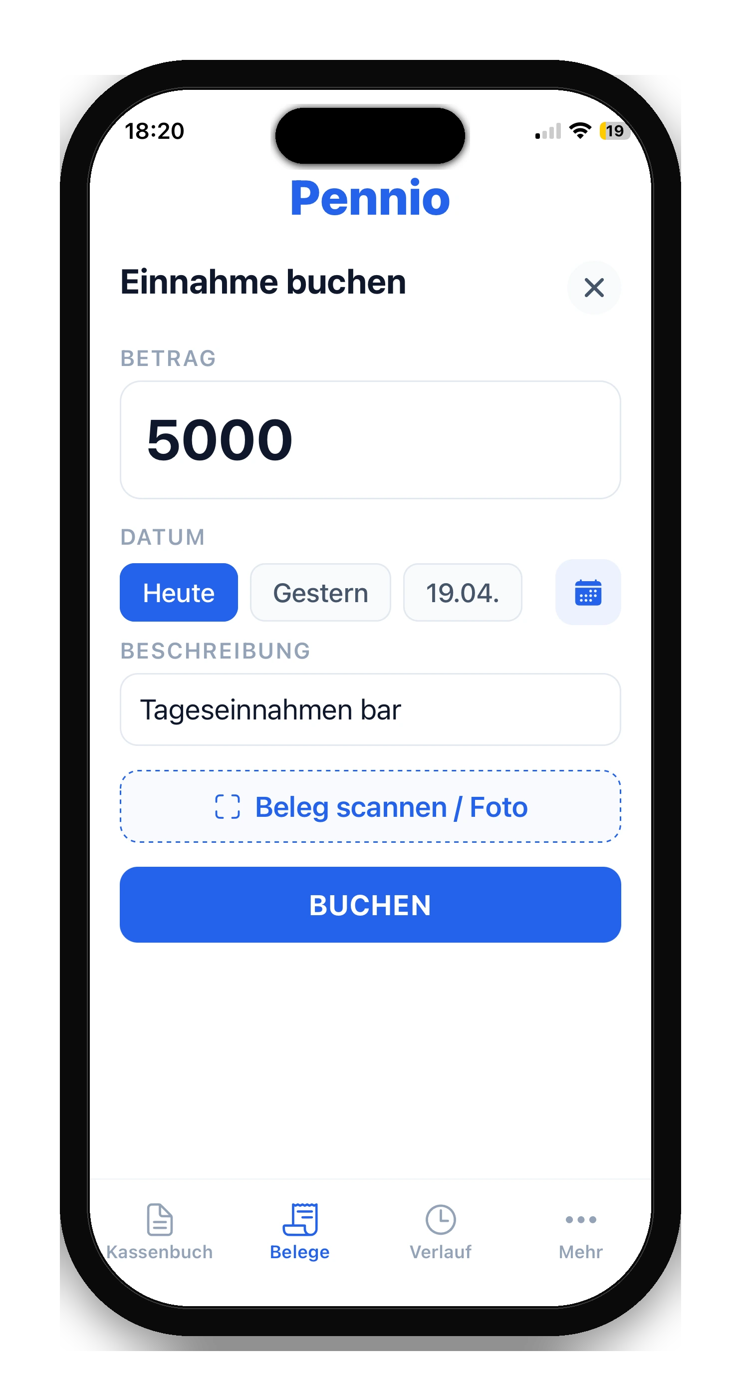 Pennio iOS App — Einnahme buchen Formular