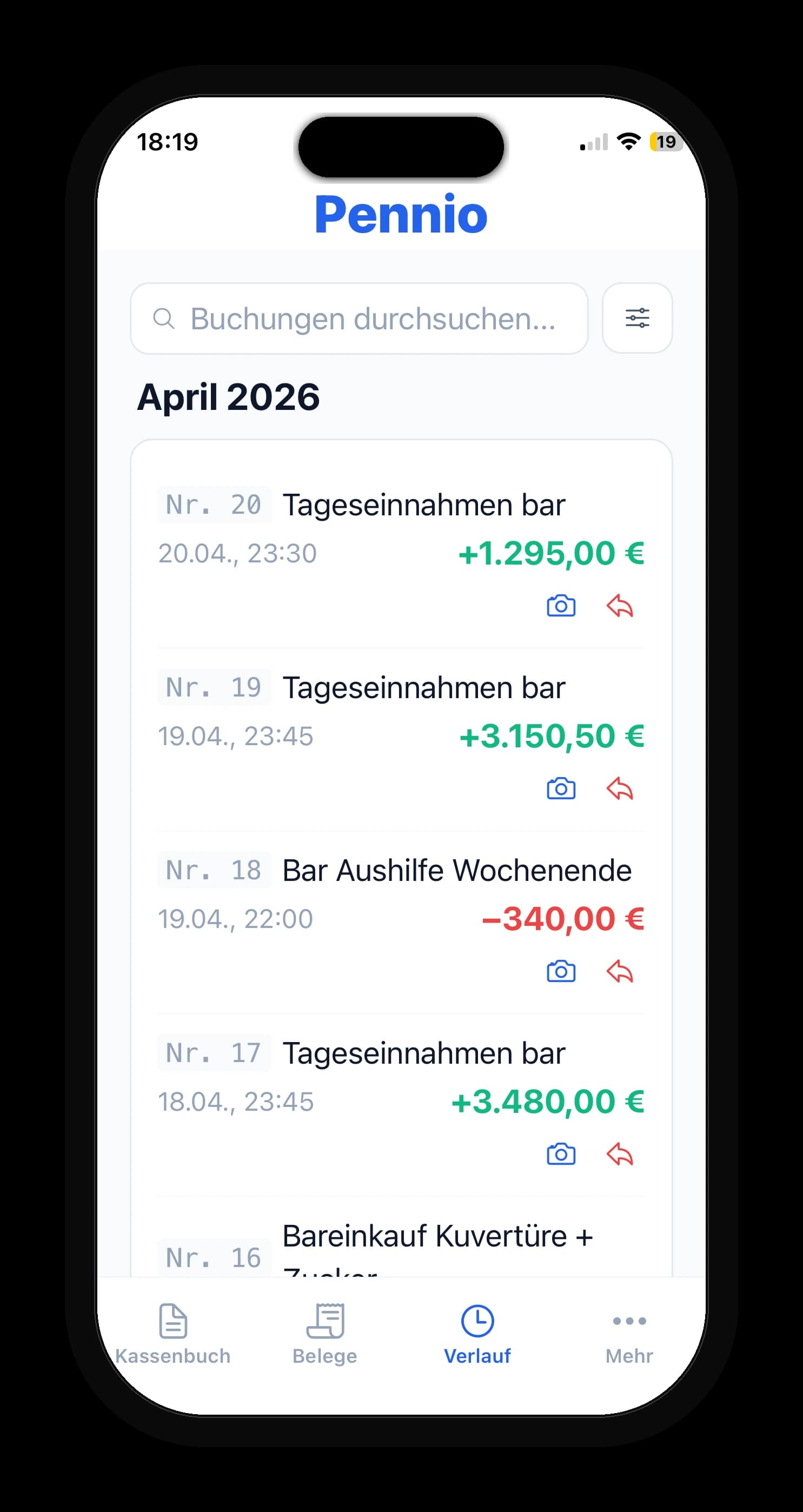 Pennio iOS App — Buchungsverlauf mit Storno-Funktion